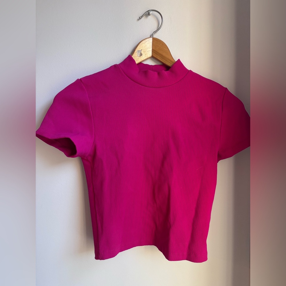 Aritzia Babaton dark pink short sleeve with high neck.